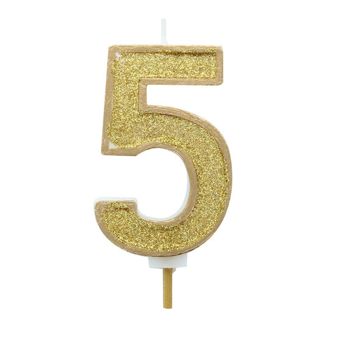 Gold Glitter Number Candle - 5