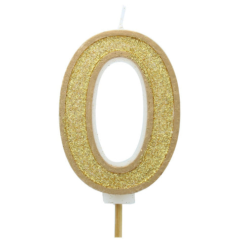 Gold Glitter Number Candle - Zero