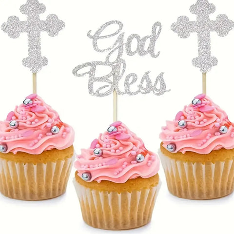Christening Cupcake Toppers - God Bless & Crosses in Silver
