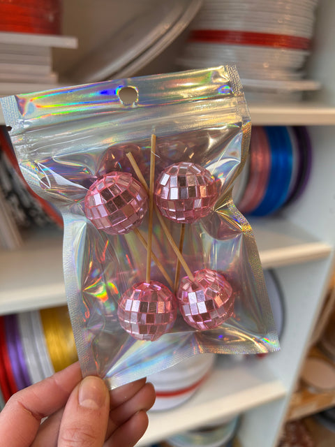 Pink Mini Disco Ball Cake Toppers