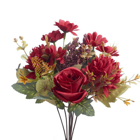 Mixed Artificial Silk Flower Bouquet - Rose, Dandelion, Daisy & Foliage (Mulberry)