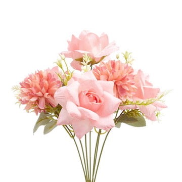 Mixed Artificial Silk Flower Bouquet - Modern Rose, Dandelions & Foliage (Sweet Pink)