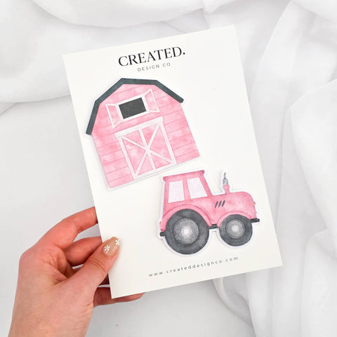 Pink Barn and Tractor Cake Decorations Set