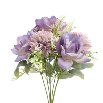 Mixed Artificial Silk Flower Bouquet - Modern Rose, Dandelions & Foliage (Lilac)