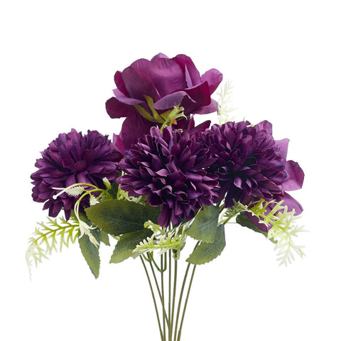 Mixed Artificial Silk Flower Bouquet - Modern Rose, Dandelions & Foliage (Dark Berry)