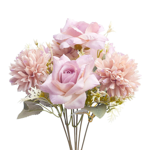 Mixed Artificial Silk Flower Bouquet - Modern Rose, Dandelions & Foliage (Lilac & Cream)