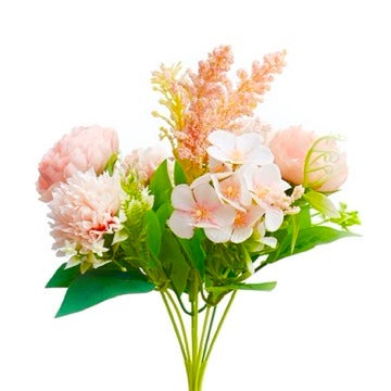 Silk Artificial Flower Bouquet - Philippine Roses, Peonies, Dandelion Flower Balls & Foliage (Coral)