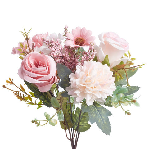 Mixed Artificial Silk Flower Bouquet - Rose, Dandelion, Daisy & Foliage (Pink Sorbet)