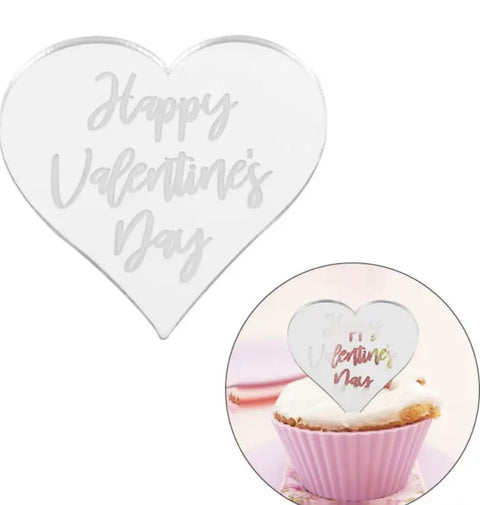 Silver Happy Valentines Day Acrylic Heart Toppers Pack of 5
