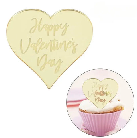 Gold Happy Valentines Day Acrylic Heart Toppers Pack of 5