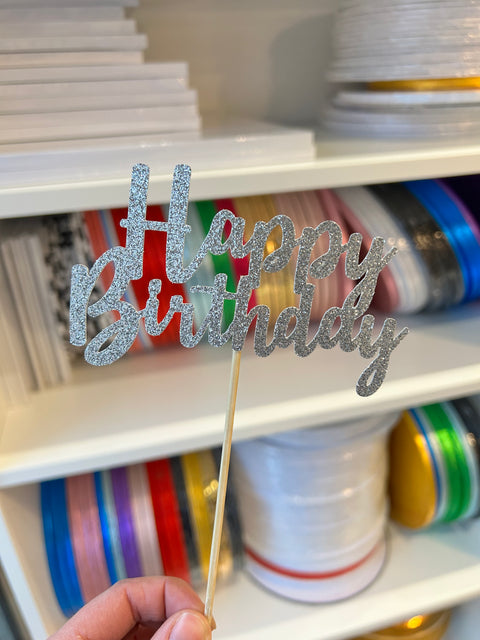 Silver Happy Birthday Glitter Cake Topper