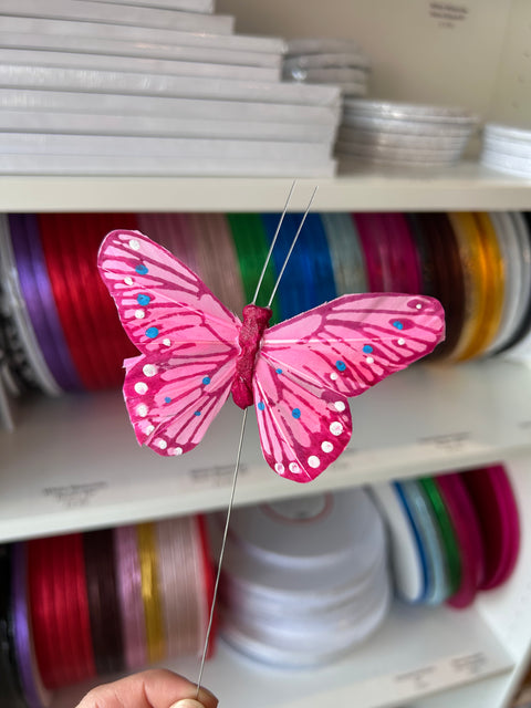 Large Pink Feather Butterfly on Wire
