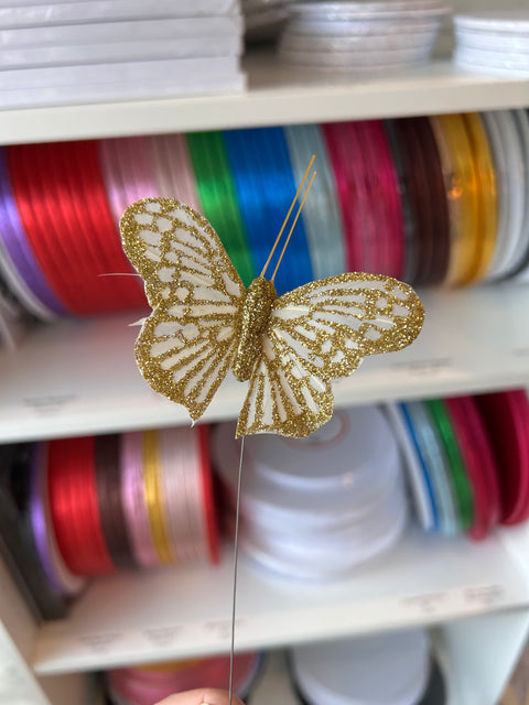 Gold glitter and ivory Feather Butterfly on Wire