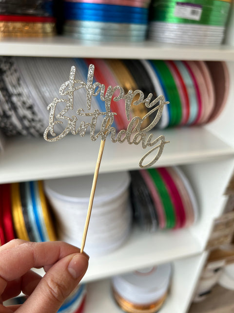 Silver Happy Birthday Cupcake Toppers