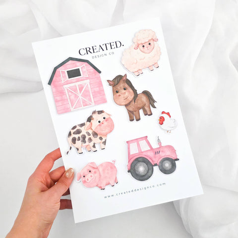 Pink Farm Cake Decorations Set with Barn, Tractor and Animal
